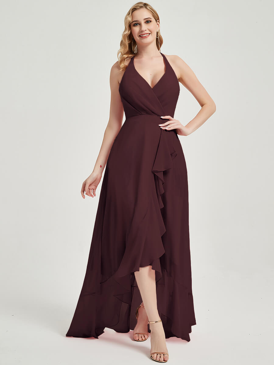 Elegant Cabernet Halter V-Neck Backless High-Low Maxi Chiffon Bridesmaid Dress for Weddings, Prom & Formal Events - Plus Size Available