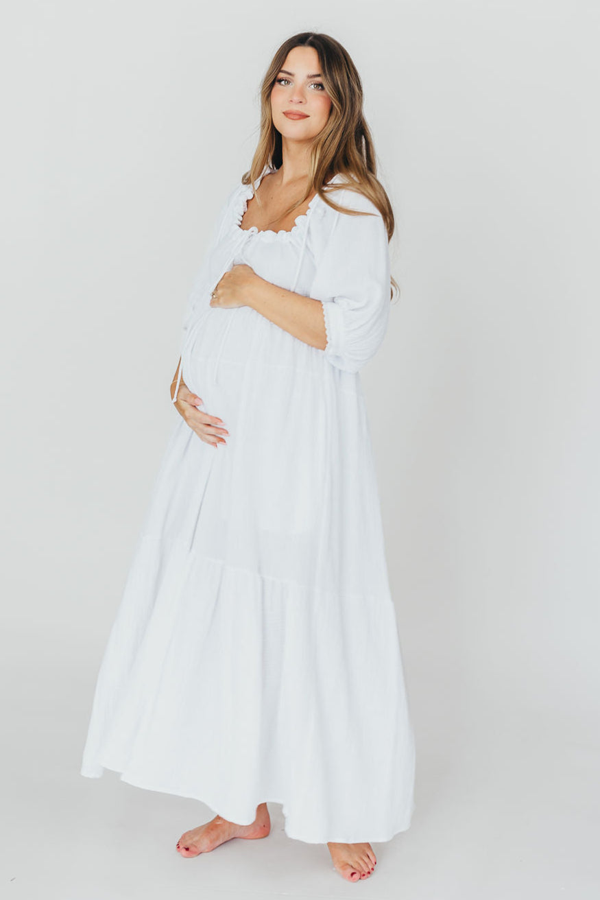 Goddess 100% Cotton Babydoll Maxi Dress - White Maternity Dress for Pregnancy, Bump Friendly, Comfortable & Flowy - Perfect for Maternity Photoshoot, Baby Shower & Summer Vacation