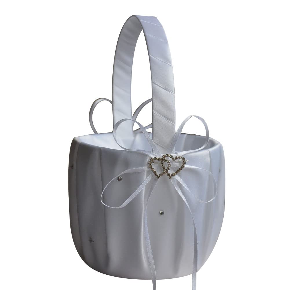 LAPUTA Elegant White Wedding Flower Girl Basket - Double Heart Rhinestone Satin Ribbon Bowknot Decorative Basket for Brides (5.12