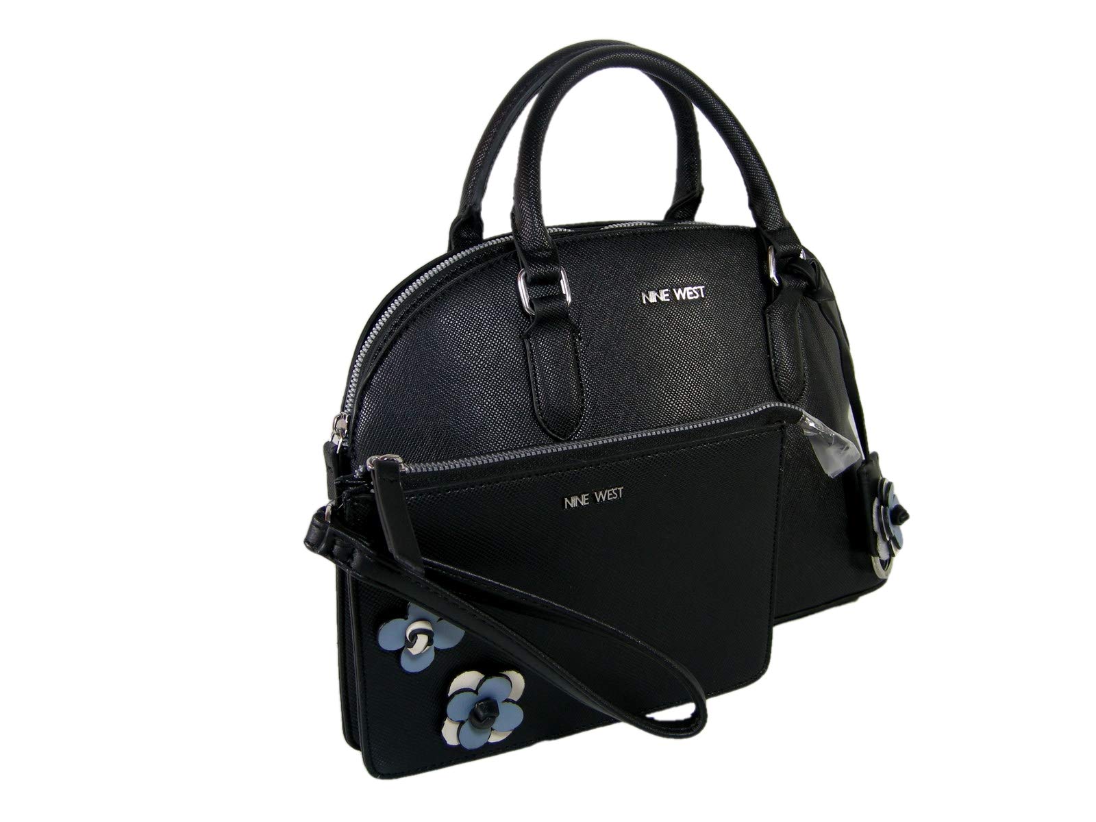 Nine West Logo Purse Handbag Crossbody & Wristlet 2-Piece Set - Black Floral Design for Women | Perfect for Work, Travel, and Evening Outings
