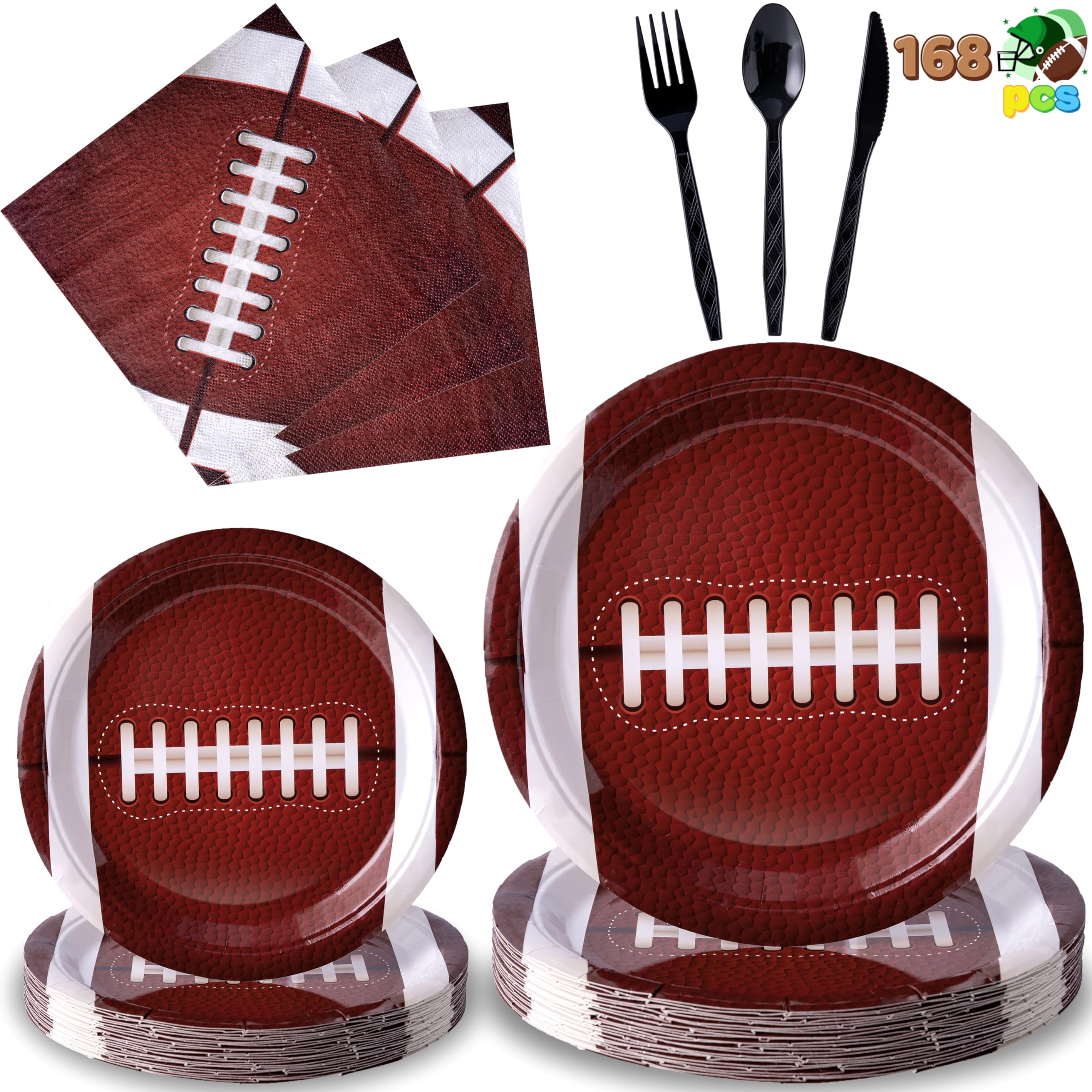 JOYIN 168-Piece Football Party Supplies Set - 24pcs 9'' Plates, 24pcs 7'' Plates, 48 Napkins, 24 Forks, 24 Spoons, 24 Knives - Perfect for Football Gameday, Birthday Parties & Tailgate Decorations