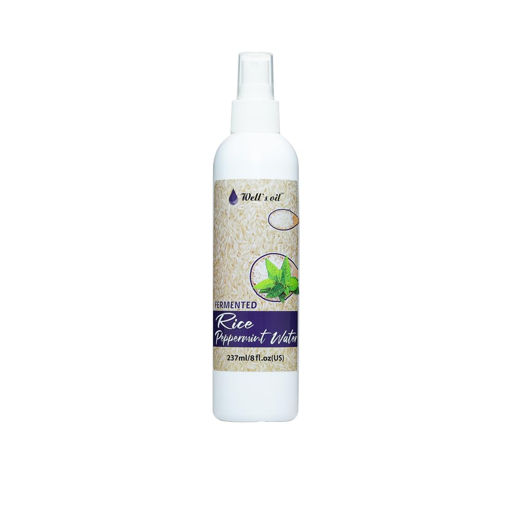 Well's Oil Fermented Rice Water Hair Spray with Peppermint Oil (8 Fl Oz) - Leave-in Conditioner for Soft Shiny Hair | Promotes Hair Growth, Reduces Split Ends & Strengthens Hair | Perfect for Daily Hydration & Scalp Care at Home or Salon