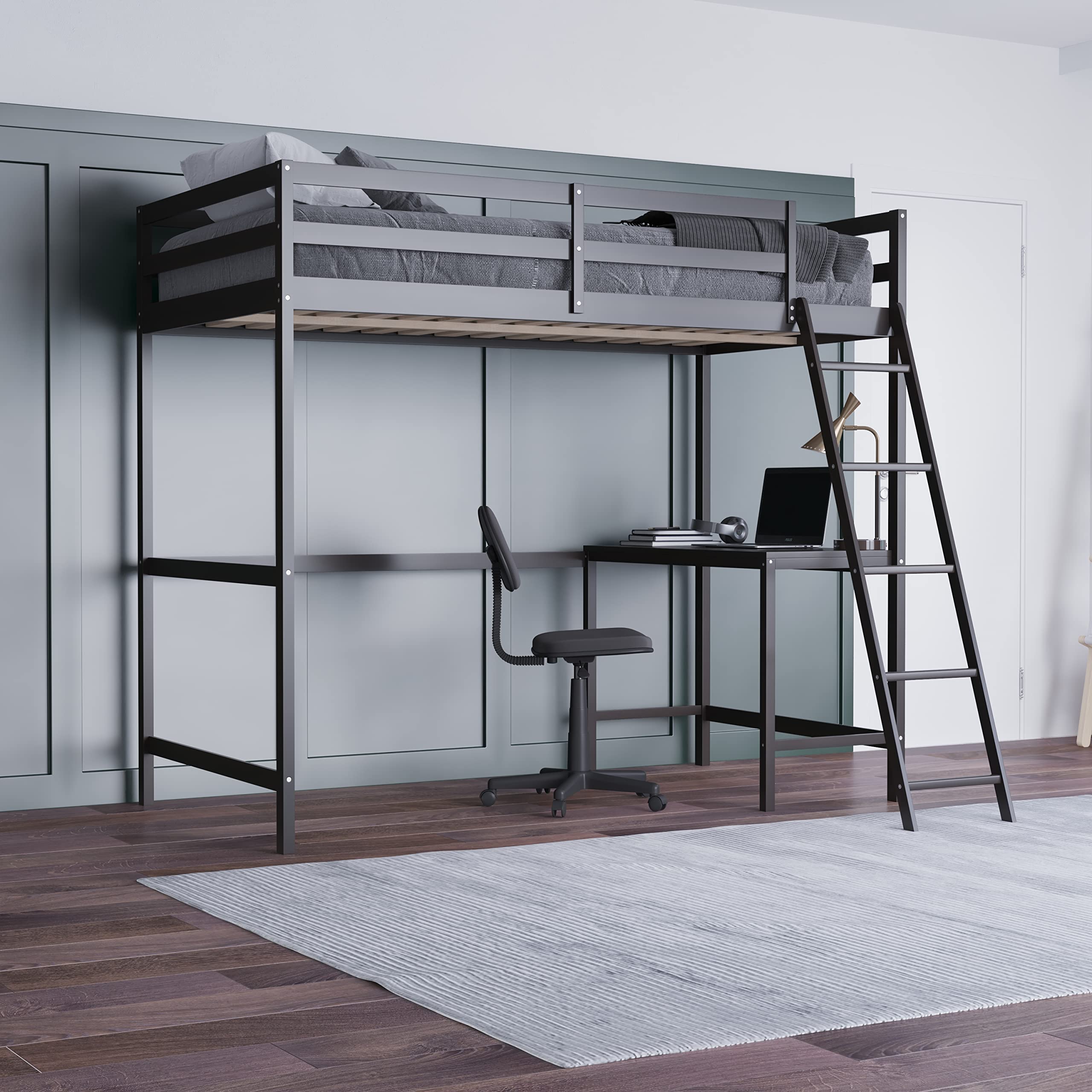 Emma & Oliver Ridley Twin Size Loft Bed Frame with Desk - Solid Pine Wood in Espresso Finish - Safety Guardrails - Fits 6-8