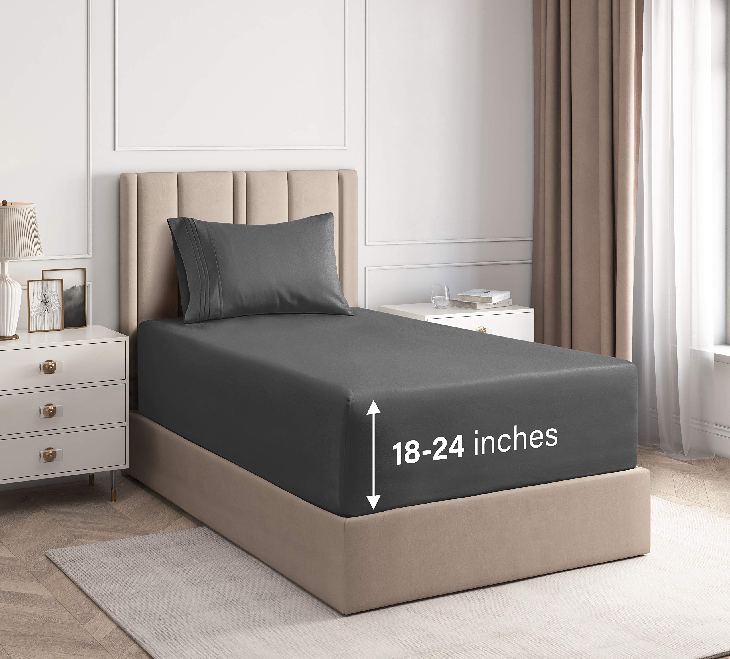 Premium 400 Thread Count Twin Extra Deep Pocket Cotton Sheet Set - 3 Piece (Fitted Sheet, Flat Sheet, Pillowcases) - Soft & Breathable Dark Grey Bedding for Comfortable Sleep - Ideal for Twin Beds, Guest Rooms, Dorms & RVs