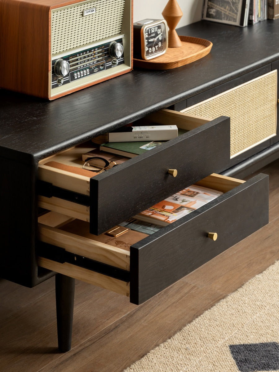 Solid Oak Wood Rattan TV Stand with 4 Drawers - Smoked Finish for Living Room, Bedroom & Home Theater Storage