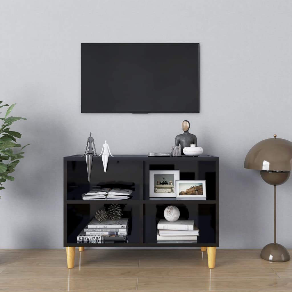 Modern Farmhouse TV Stand with 4 Storage Compartments - Solid Wood Legs Media Console Table, Entertainment Center & Bookcase Display Shelf for Living Room, Bedroom (27.4