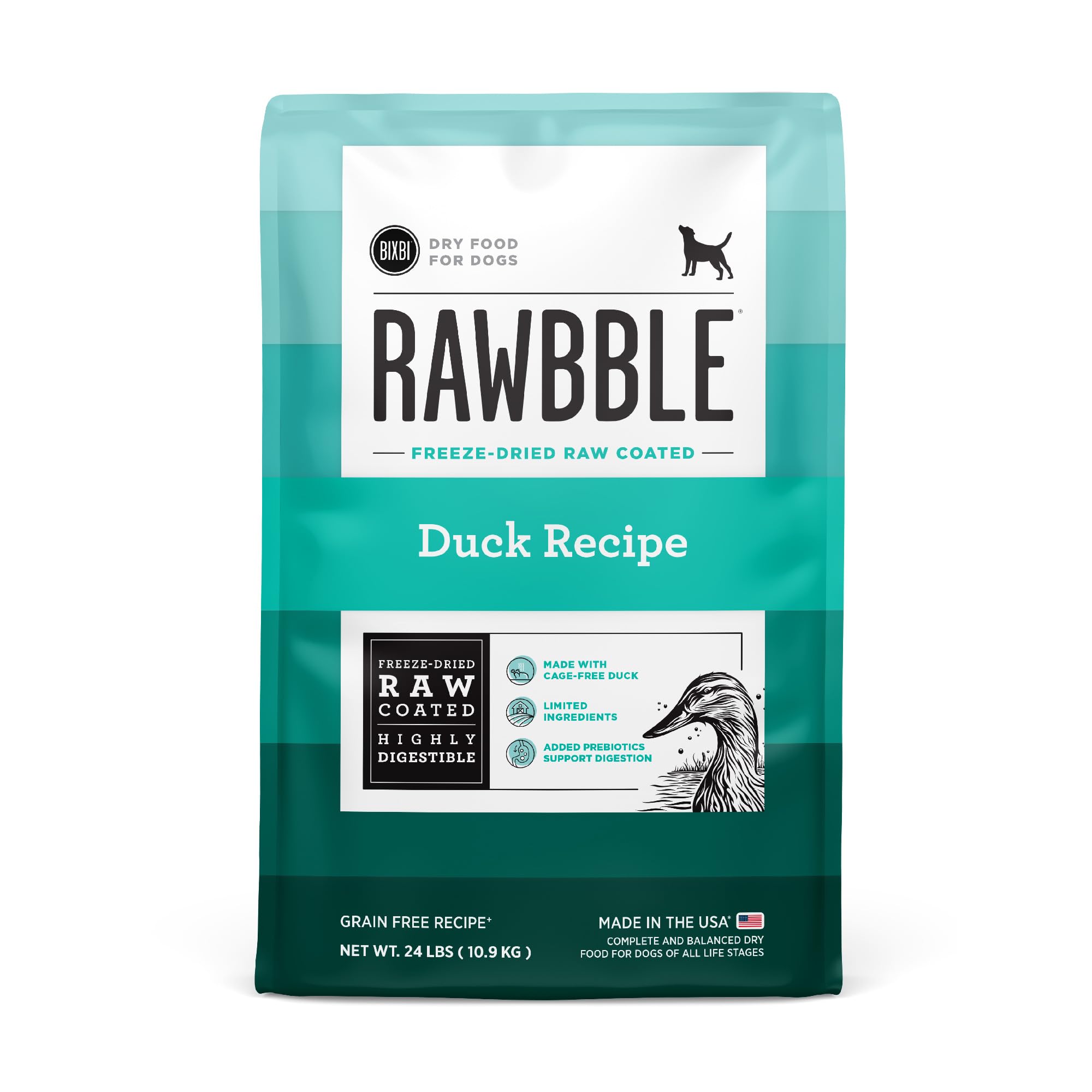 BIXBI Rawbble Freeze-Dried Raw Coated Duck Dog Food - 24 lbs | USA Made with Fresh Meat, No Meat Meal, Corn, Soy or Wheat | Highly Digestible for Sensitive Stomachs | Perfect for Adult Dogs & Active Pets - Kibble with Raw Nutrition for Daily Meals & Training Treats