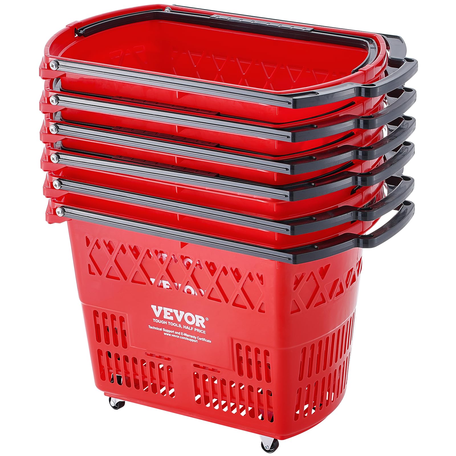 VEVOR 6-Piece 39L Rolling Shopping Baskets with Handles & Wheels - Large Plastic Portable Shopping Cart Set for Supermarkets, Retail Stores, Grocery Shopping - Perfect for Quick Checkouts and Bulk Purchases (Red)