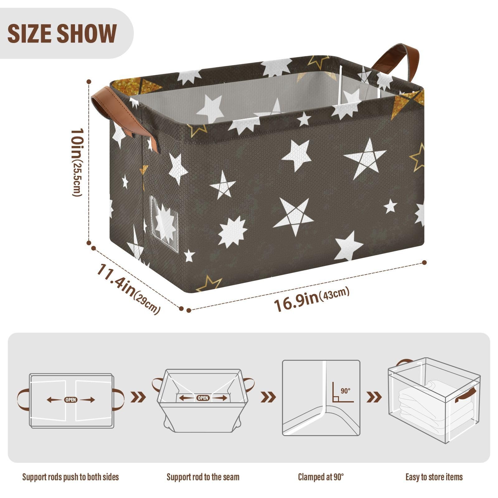 Minimalist Brown Star Fabric Collapsible Storage Baskets with Handles - 2 Pack Organizer for Books, Shelves & Closet | Perfect for Home, Office & Nursery Organization