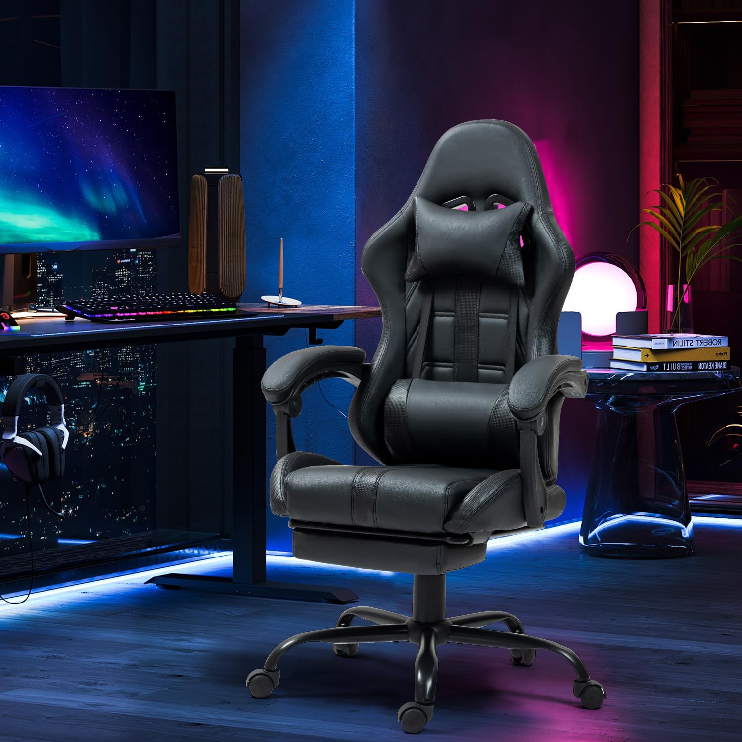 Ergonomic Massage Gaming Chair with Adjustable Footrest, High Back Office Chair with Headrest & Lumbar Support - PU Leather Swivel Computer Desk Chair for Home & Office Use - Perfect for Gaming, Working, and Relaxing - Black