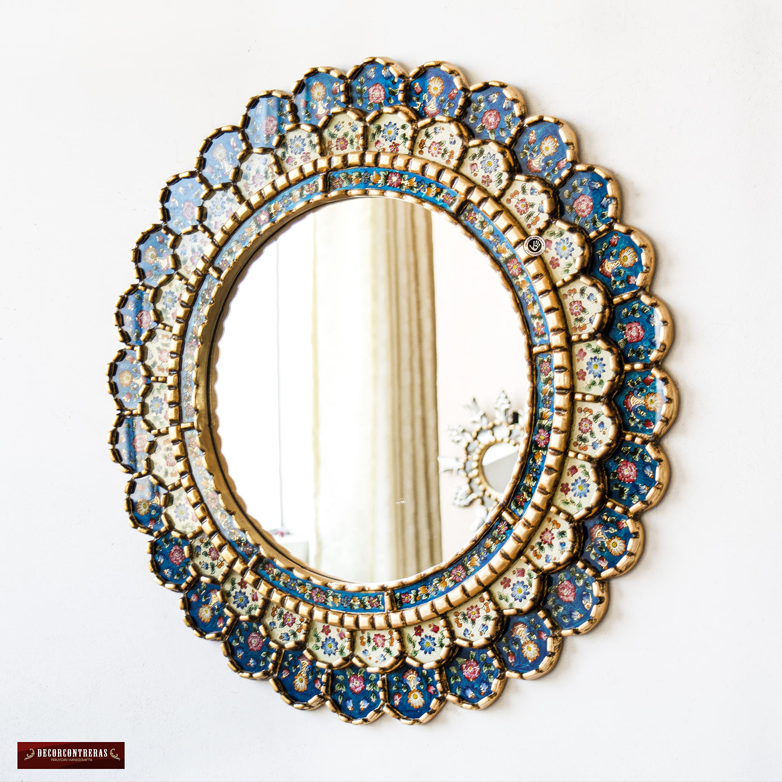 Blue Gold Circle Wall Mirror - Handmade Peruvian Round Hanging Mirror for Living Room Decor | Elegant Gold Frame Wall Art | Perfect for Bedroom, Bathroom & Entryway Decorations