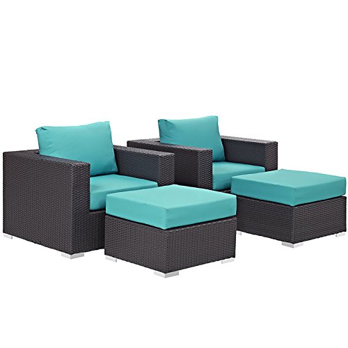 Modway Convene 4-Piece Outdoor Patio Furniture Set - Wicker Rattan Sofa & Chairs in Espresso & Turquoise - Perfect for Backyard, Garden, Poolside & Patio Relaxation