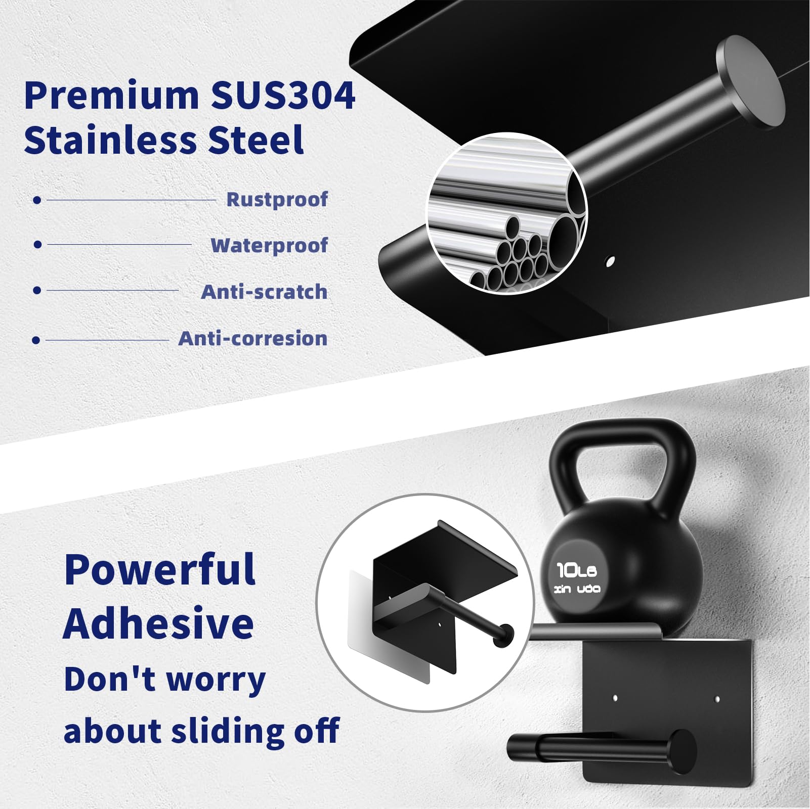 Stainless Steel Wall Mount Toilet Paper Holder with Shelf - Matte Black, Rustproof, Self-Adhesive - Fits Mega Rolls - Perfect for Modern Bathrooms & Powder Rooms
