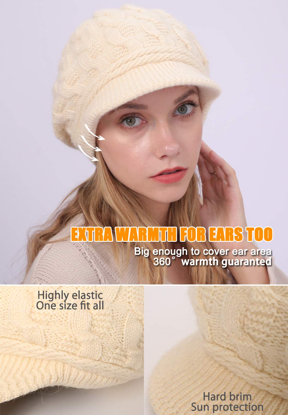 Women's Fleece Lined Knitted Beanie Hat with Brim - Warm Newsboy Cloche Style Winter Cap for Outdoor Activities & Fashion