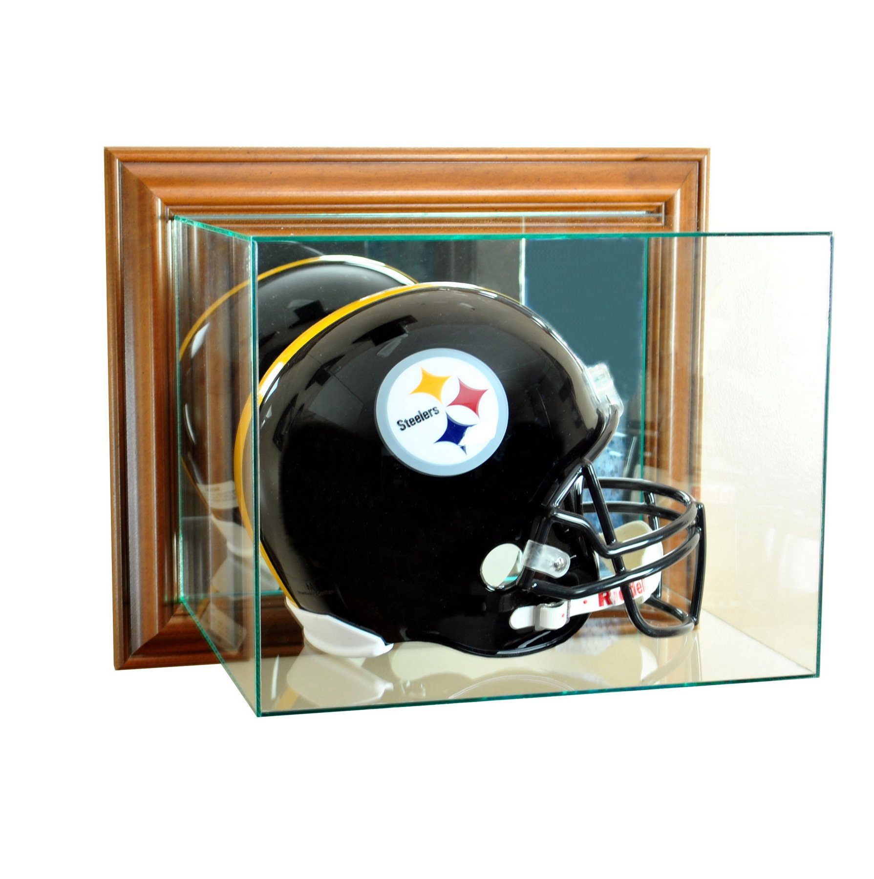 Premium Wall Mounted Football Helmet Display Case - Real Glass Protection with UV Blocking & Elegant Walnut Moulding | Perfect for Showcasing Collectibles in Man Cave, Game Room or Sports Bar Decor