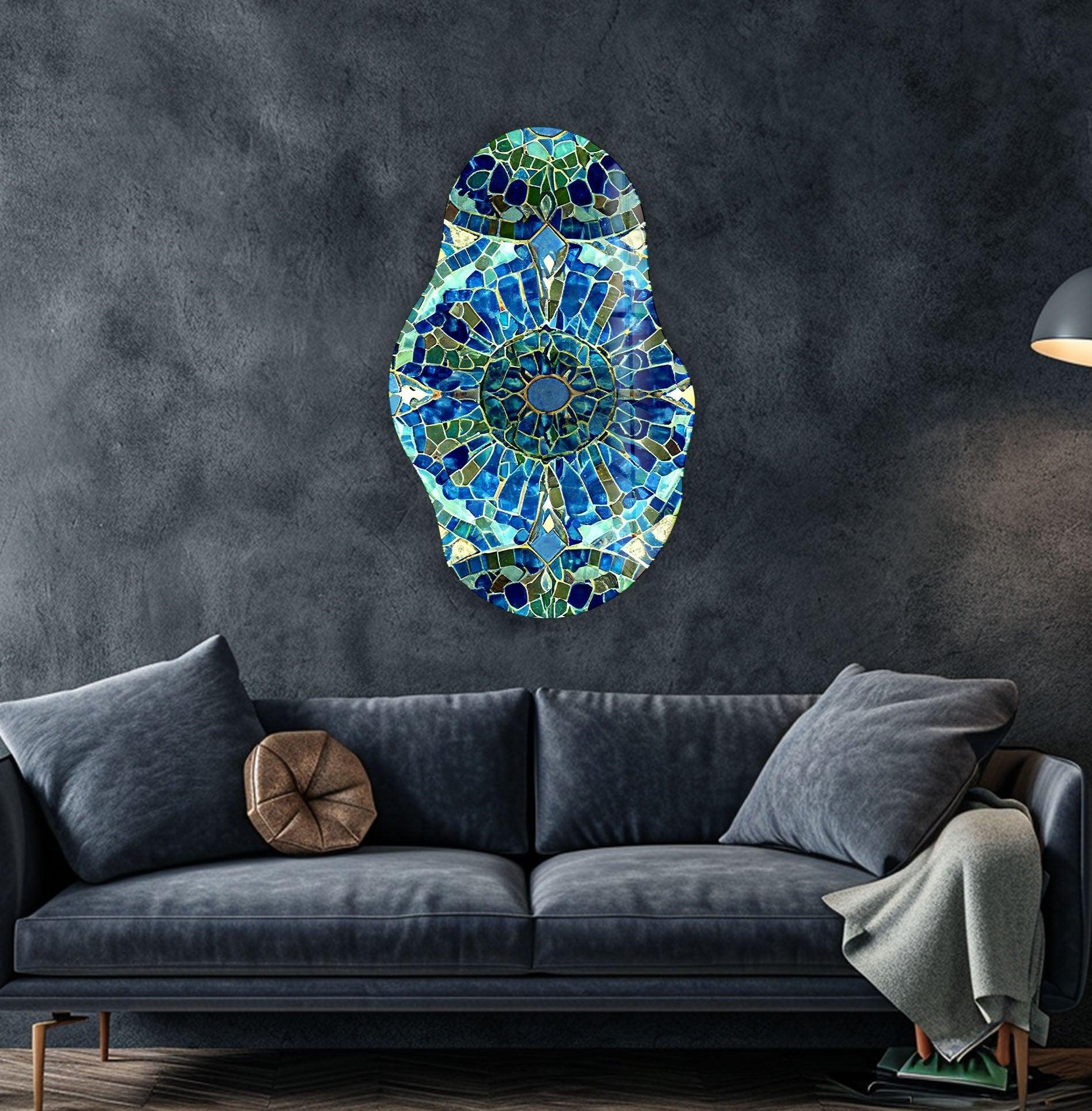 Handmade Asymmetrical Blue Mosaic Glass Wall Art - Modern Abstract Home Decor for Living Room, Bedroom & Office