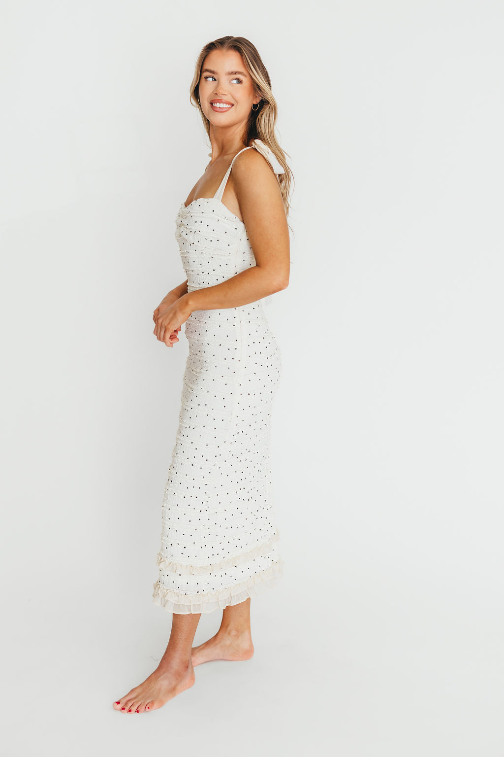 Maddie Tie Strap Ruffled Midi Dress for Women - Elegant Ivory Floral Summer Dress with Adjustable Straps | Perfect for Weddings, Parties & Date Nights