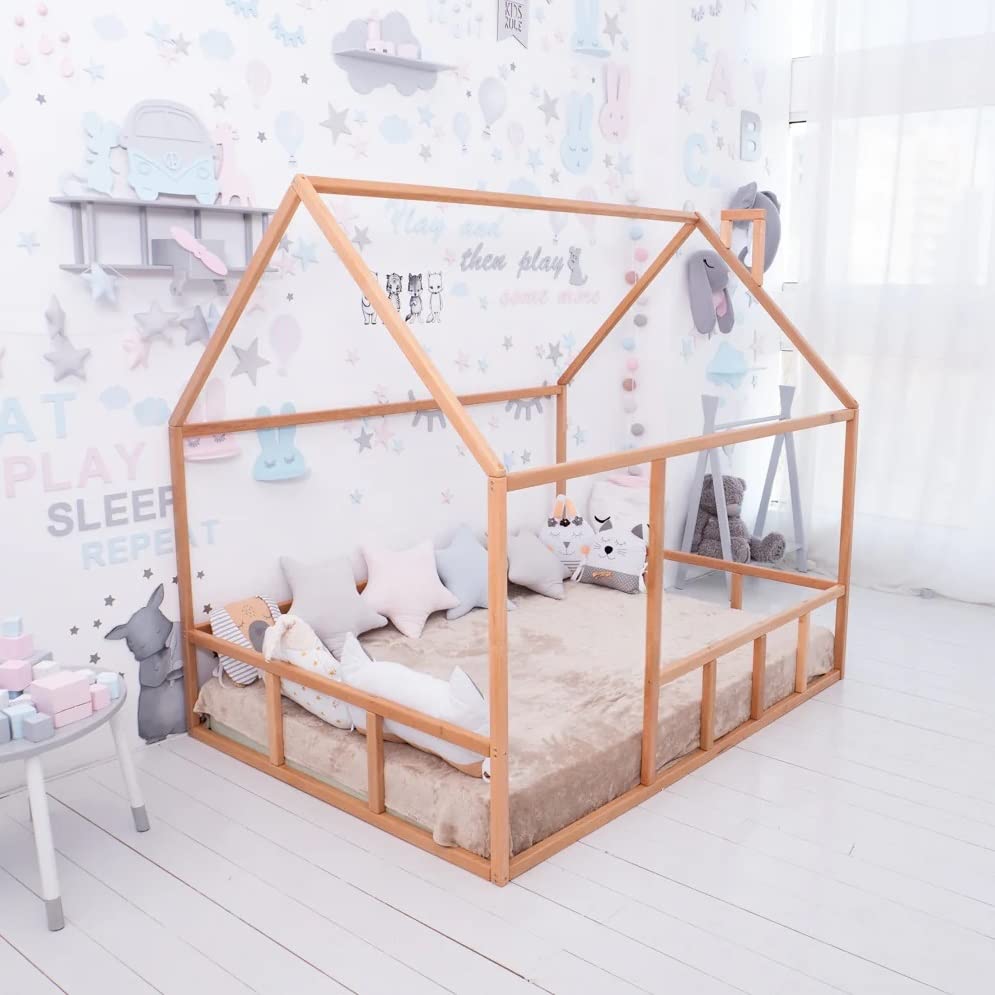BUSYWOOD Montessori Kids House Bed - Toddler Floor Bed Frame for Twin, Full & Queen Size | Natural Wood Crib for Safe Sleeping & Play | Perfect for Bedrooms, Playrooms & Montessori Learning Spaces
