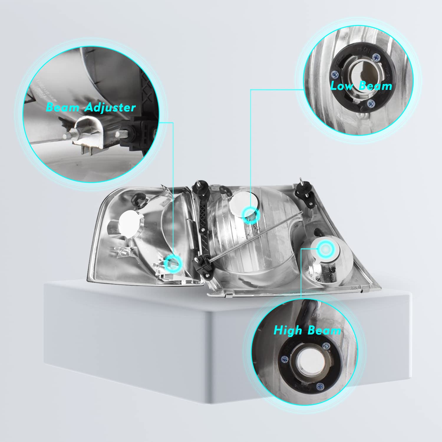 2002-2005 Ford Explorer Headlight Assembly with Corner Lights - 4pc Set (Driver & Passenger Side) - Black Housing & Clear Reflector - Replacement for Night Driving & Off-Road Use
