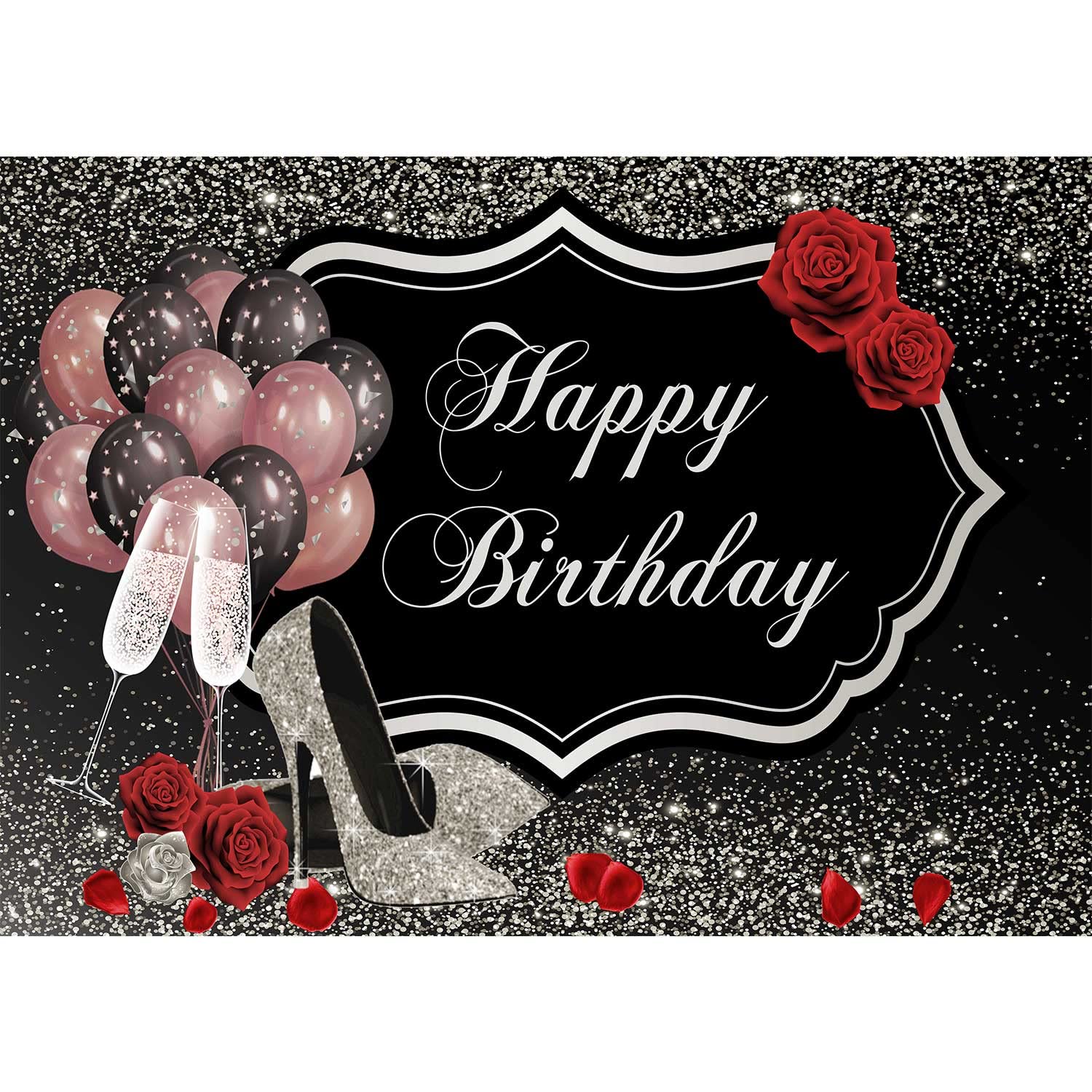 7x5ft Glitter Silver Happy Birthday Backdrop with Red Roses, Floral Balloons & Champagne Glass - Elegant Party Decor for Women's Birthday, Bridal Shower, Anniversary Celebration | Photo Booth Background, Event Banner N0018B