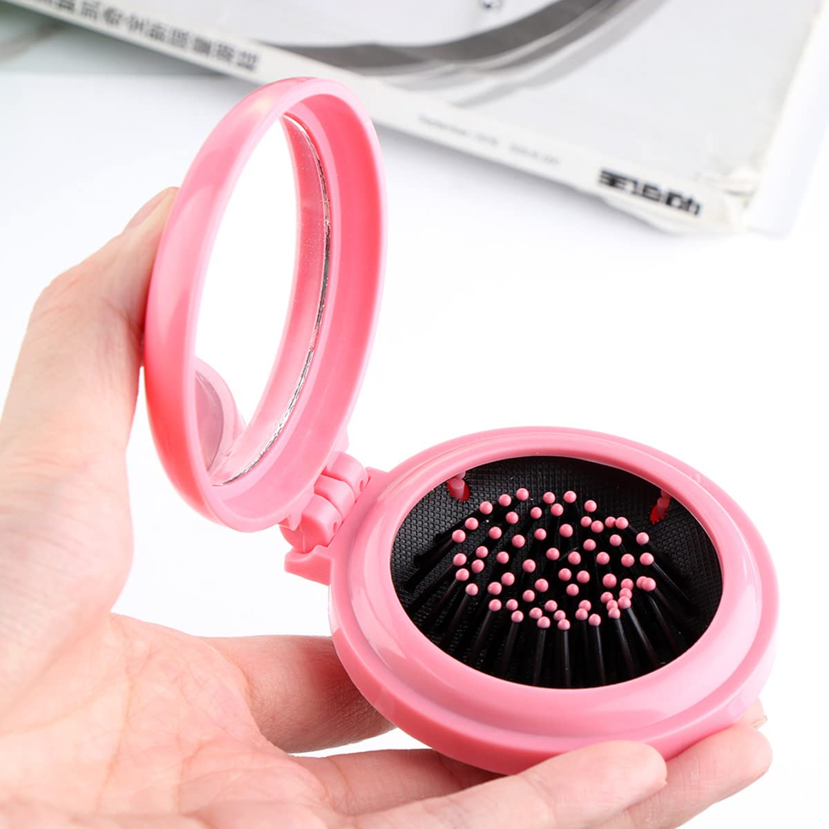 Portable Round Pocket Comb & Mirror - Mini Folding Travel Hair Brush with Cosmetic Mirror for Women & Men - Perfect for Travel, Purse, Gym & Everyday Carry (Small Size)