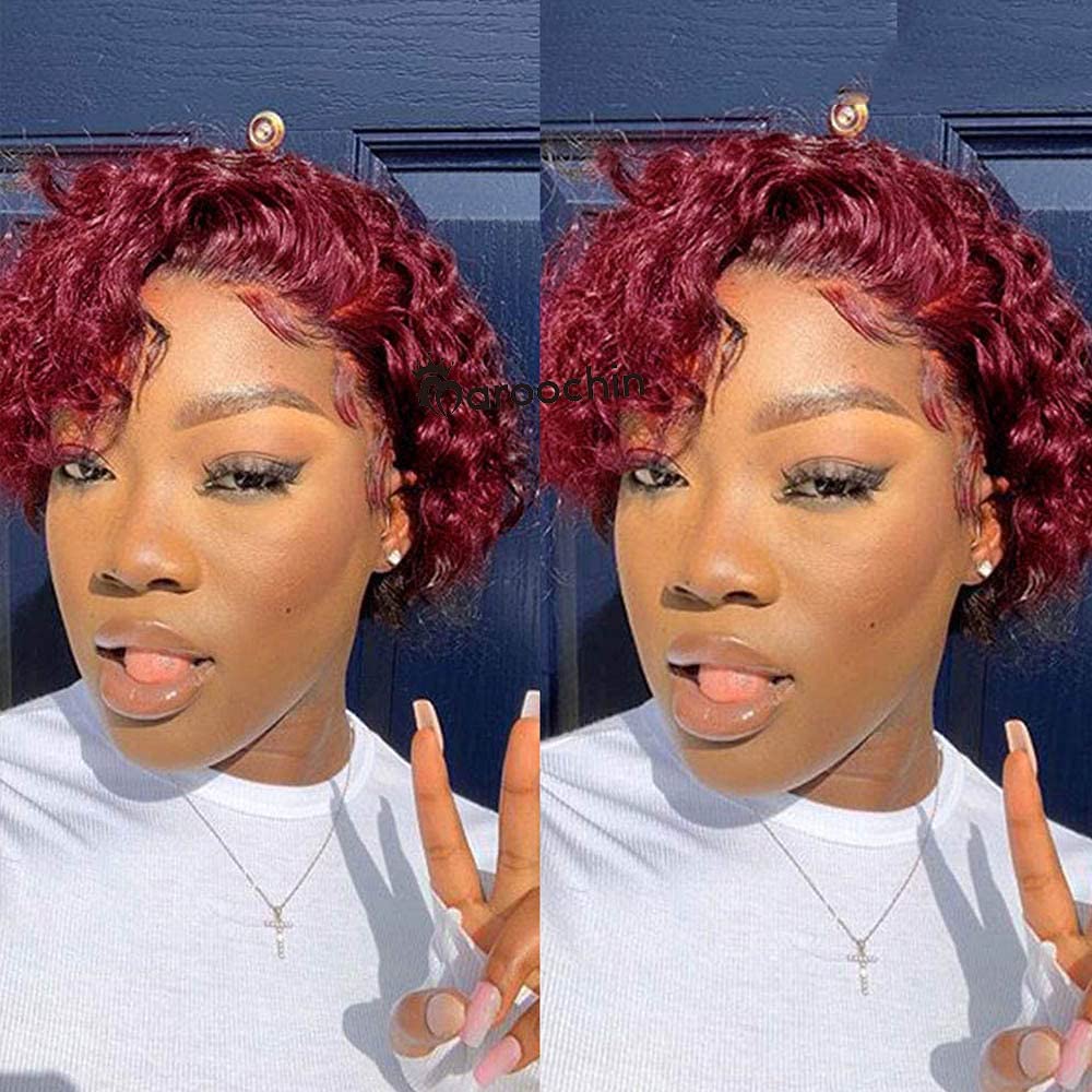 13x4x1 Lace Front Human Hair Wigs for Black Women - 180% Density Pixie Cut Curly Short Bob Wig with Baby Hair | 8 Inch 99J Natural Looking Hairpiece for Daily Wear, Parties & Special Occasions