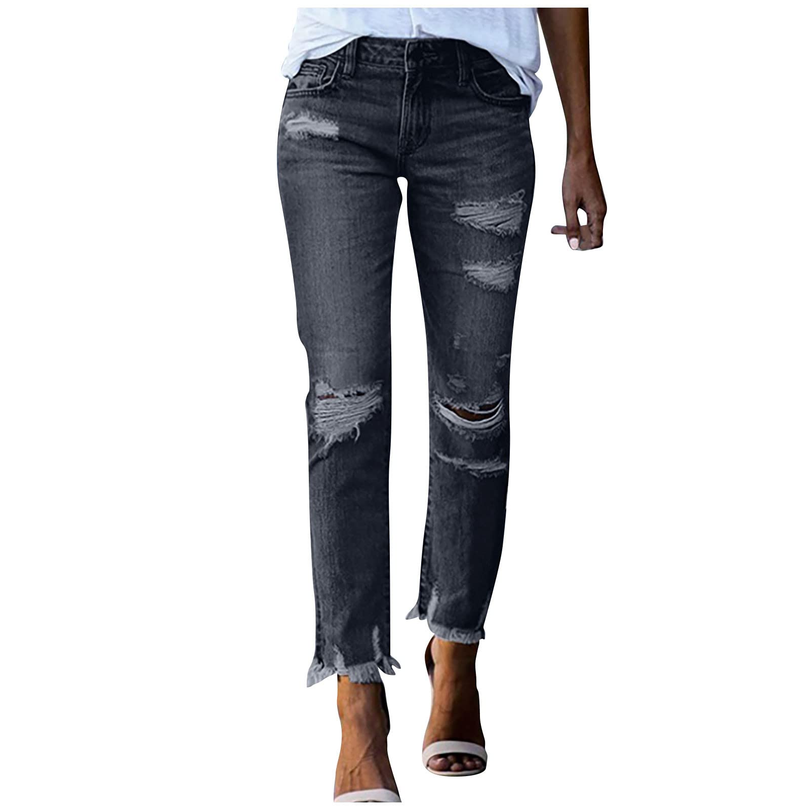 Women's Medium Waist Ripped Jeans - Casual Denim Pants for Everyday Wear