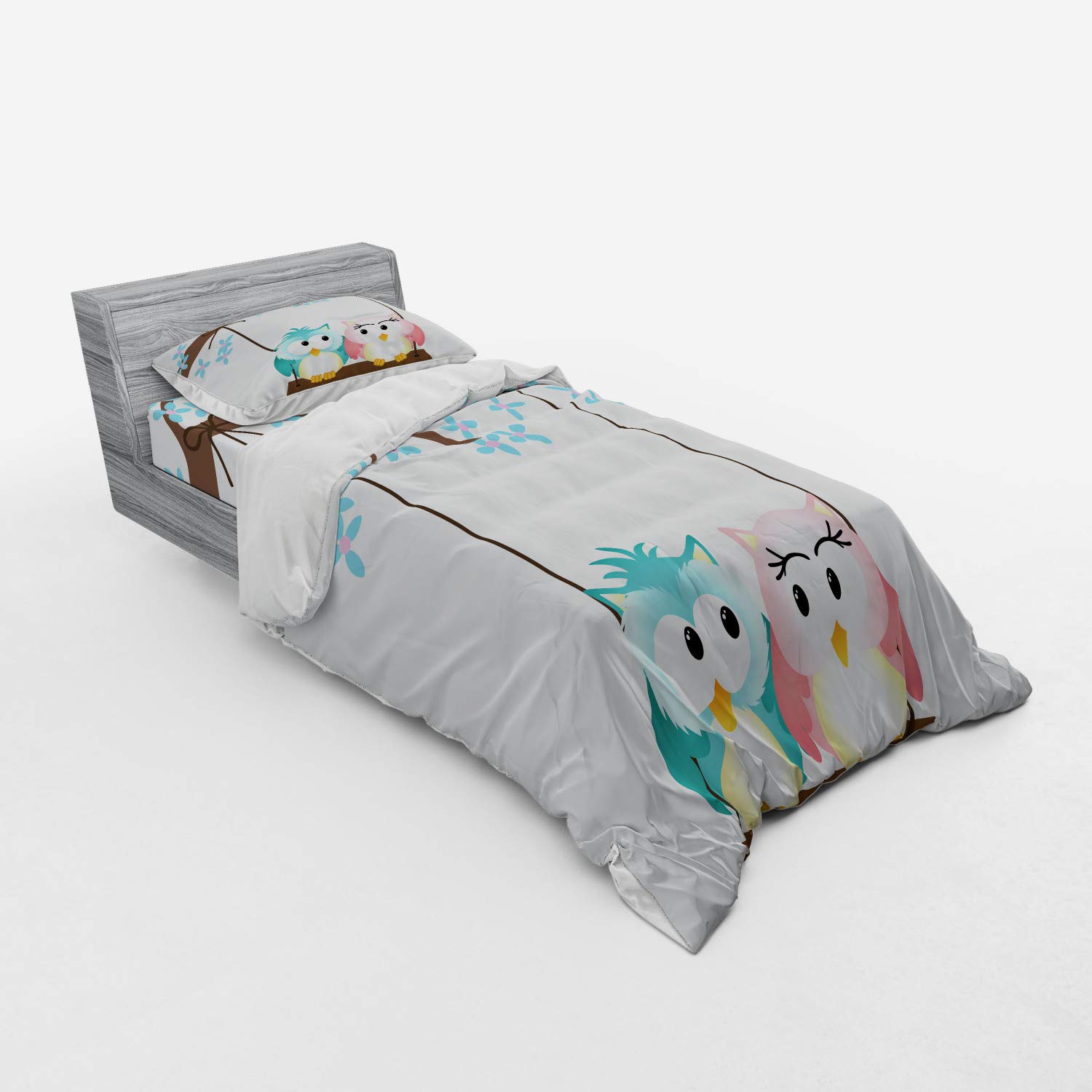 Ambesonne Cartoon Bedding Set - 2 Owls in Love on Swing with Blossoming Tree Branch, 3-Piece Duvet Cover Set (Twin XL, Pale Pink & Blue) for Spring Romance | Perfect for Kids' Room, Guest Bedroom & Cozy Couples Retreat