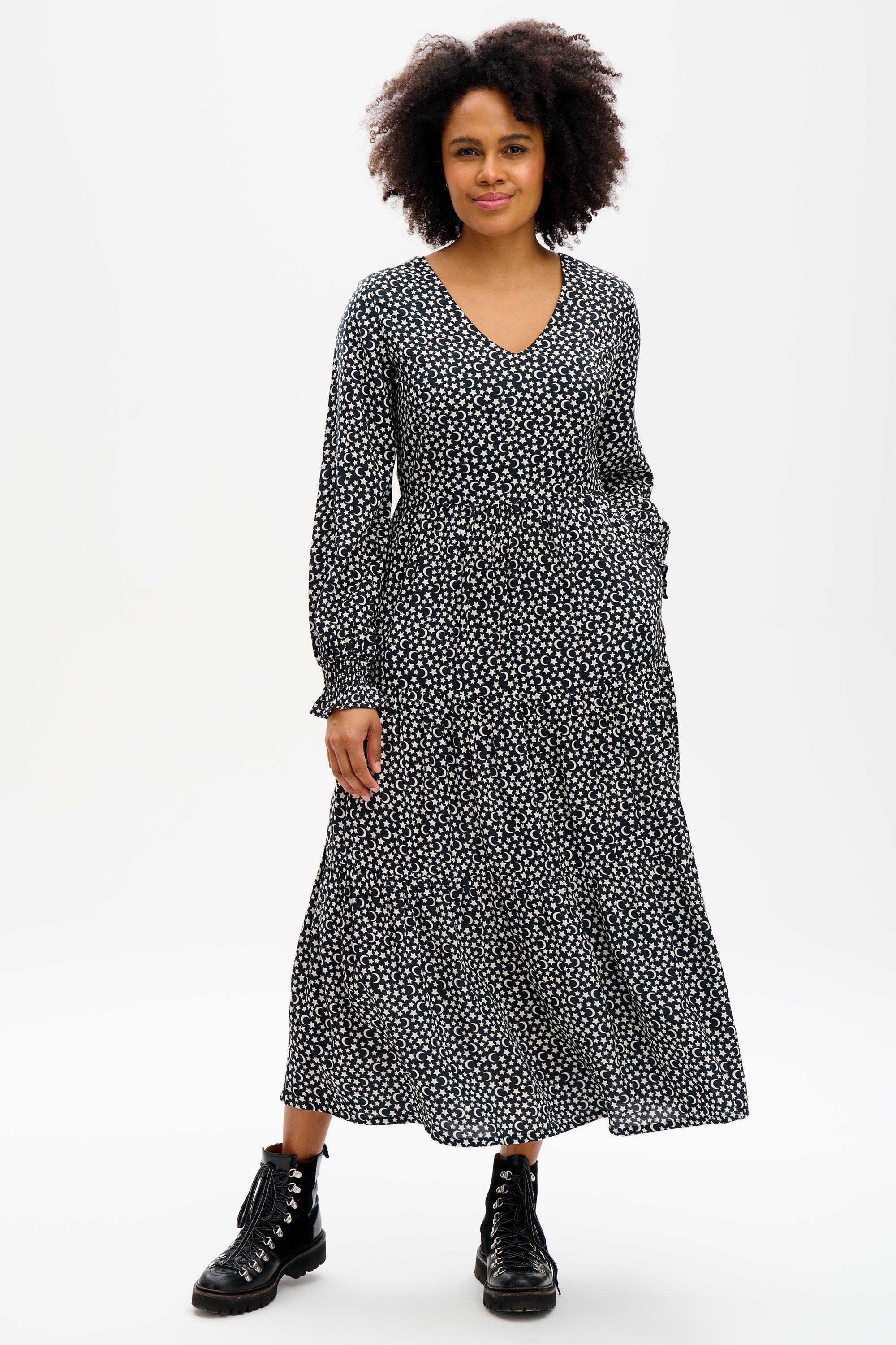 Nola Tiered Maxi Dress - Monochrome Moons & Stars Print | Flowy Summer Dress for Beach, Vacation & Boho Fashion