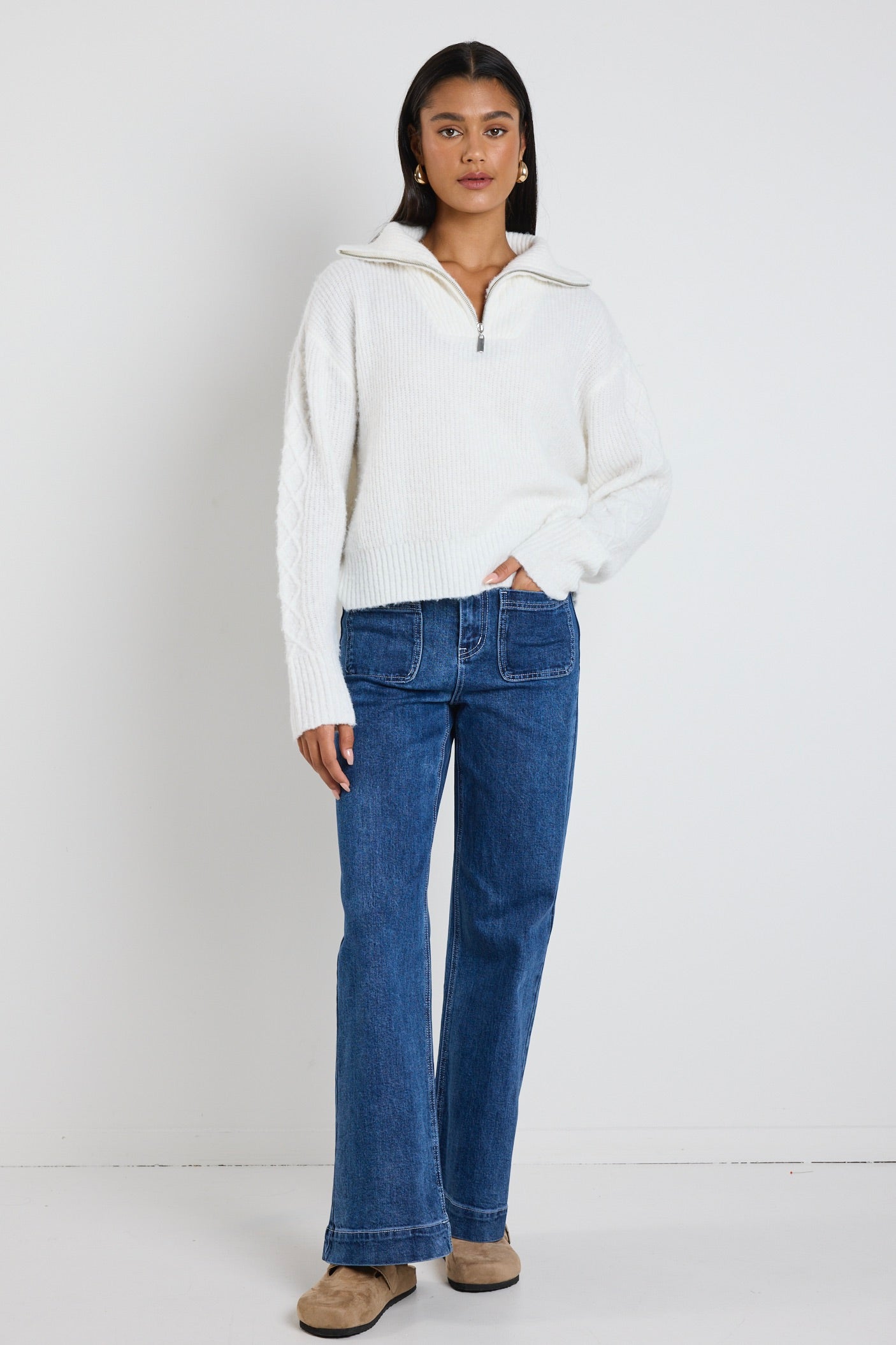 Ivory Quarter Zip Cable Knit Sweater for Women - Cozy Winter Pullover with Pendant Necklace - Perfect for Casual Outings & Holiday Gatherings