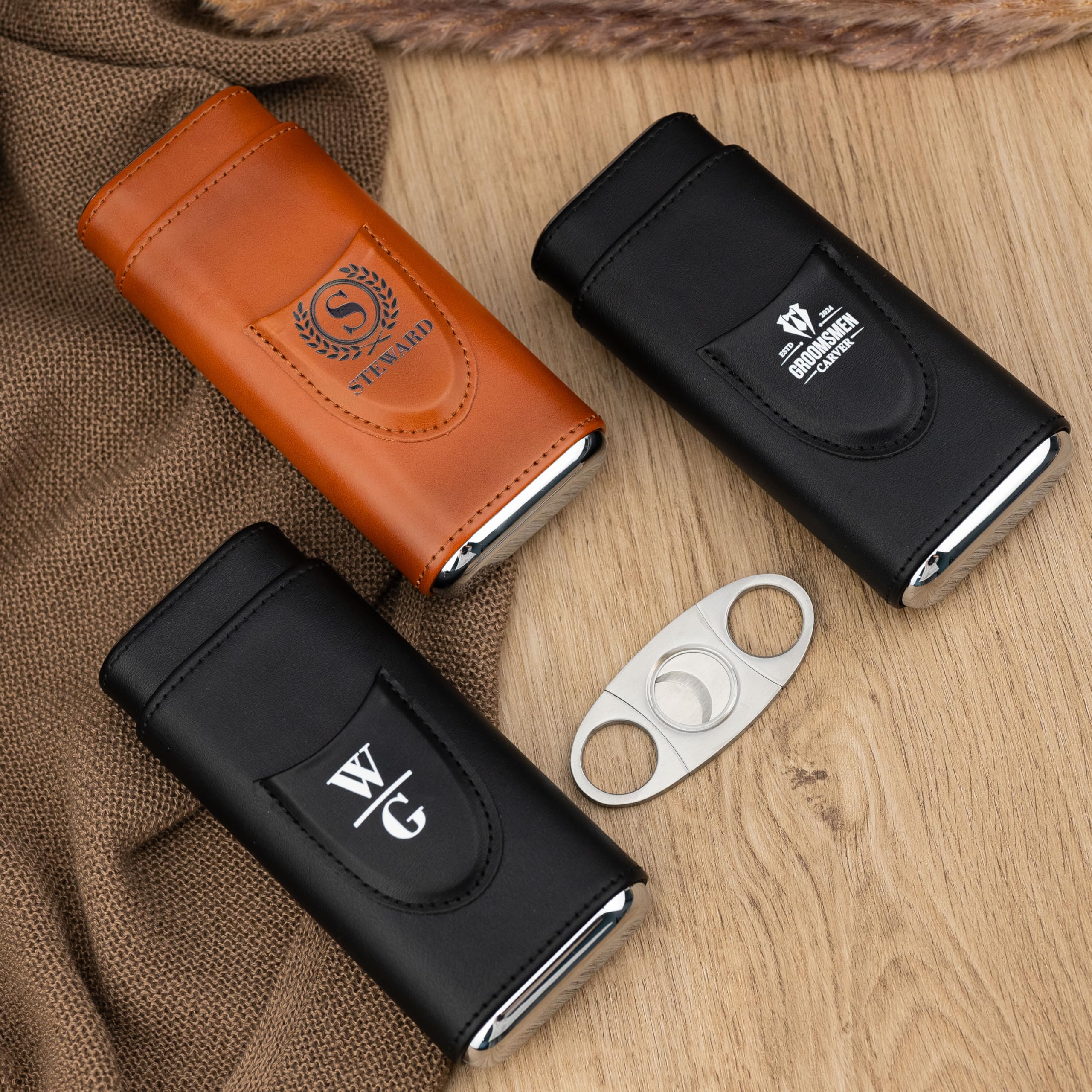 Premium Custom Leather Cigar Case with Cutter - Personalized Travel Humidor & Cigar Holder - Ideal Groomsmen Gift for Weddings, Bachelor Parties & Special Occasions (Brown)