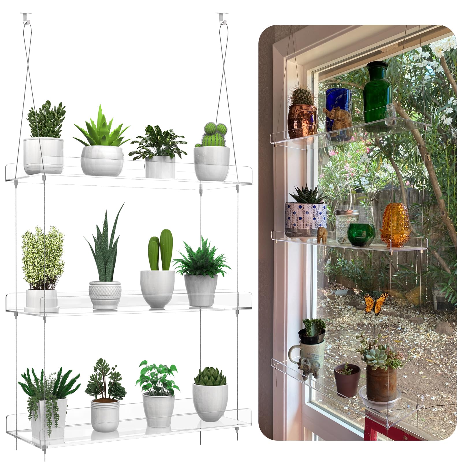 3-Tier Clear Acrylic Hanging Plant Shelf for Windows - 16 Inch per Tier - Space-Saving Wall Mounted Plant Stand for Kitchen, Indoor Gardens, Herbs, Succulents, Flower Pots & Seedling Organization - Perfect for Small Spaces, Apartments & Urban Gardening