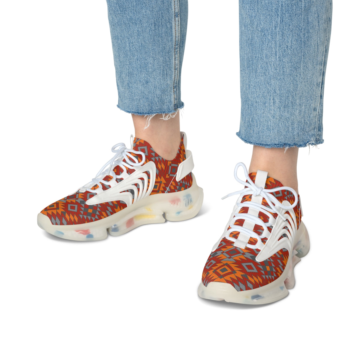 Women's Fashion Mesh Sneakers - Breathable Comfort Shoes with Southwestern Print | White or Black Sole | Perfect for Walking, Running & Casual Wear
