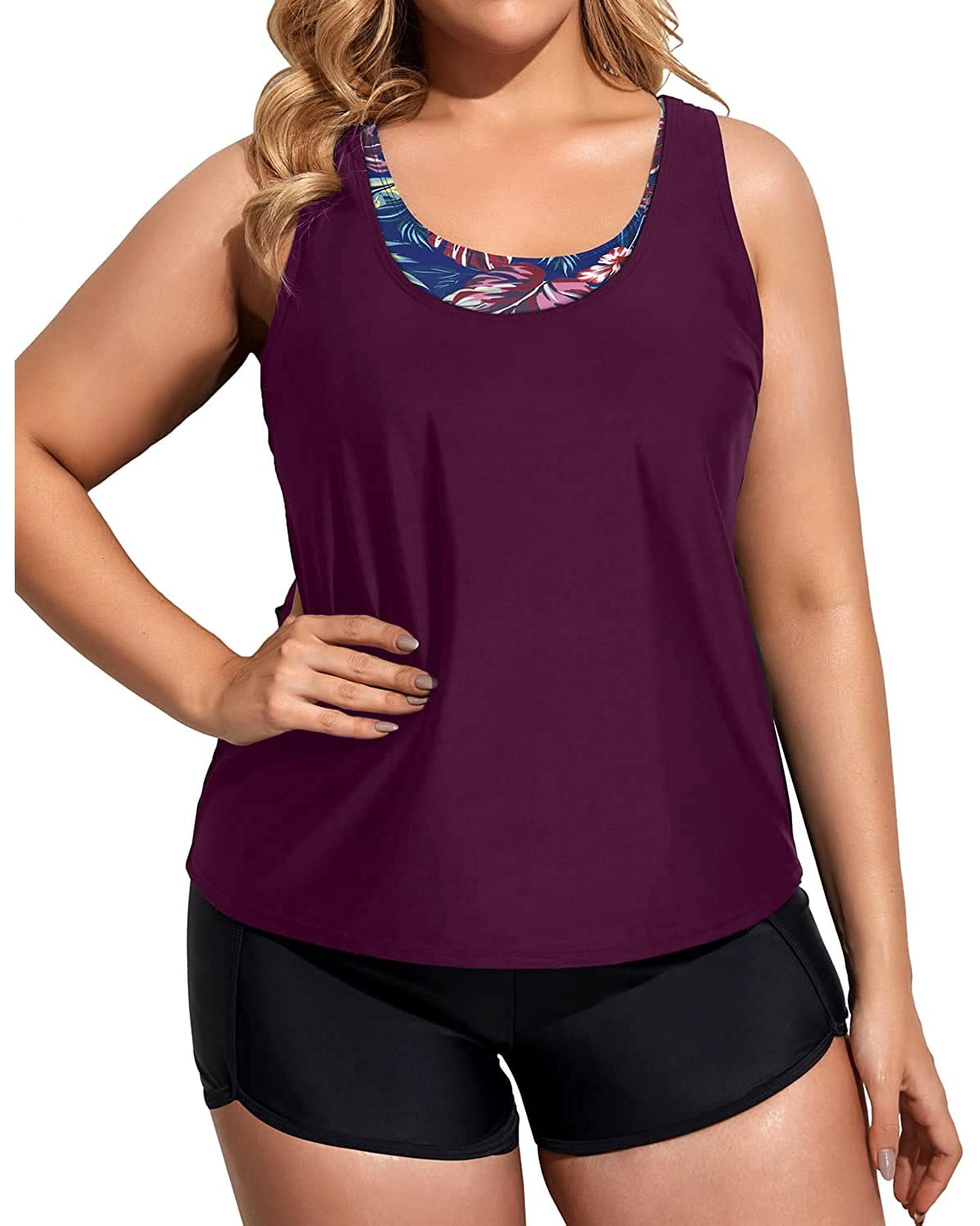 Holipick Women's Plus Size 3-Piece Tankini Swimsuits - Tummy Control Bathing Suit with Boy Shorts & Sports Bra Top - Flattering Swimwear for Beach, Pool & Vacation