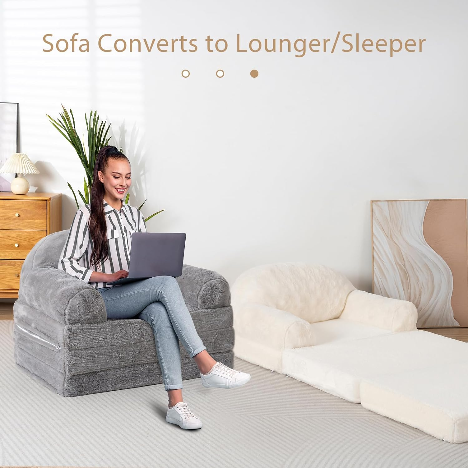 MAXYOYO Convertible Bean Bag Chair to Sofa Bed for Adults - Foldable Floor Mattress & Sleeper - Beige - Perfect for Small Spaces, Dorm Rooms & Lounge Areas