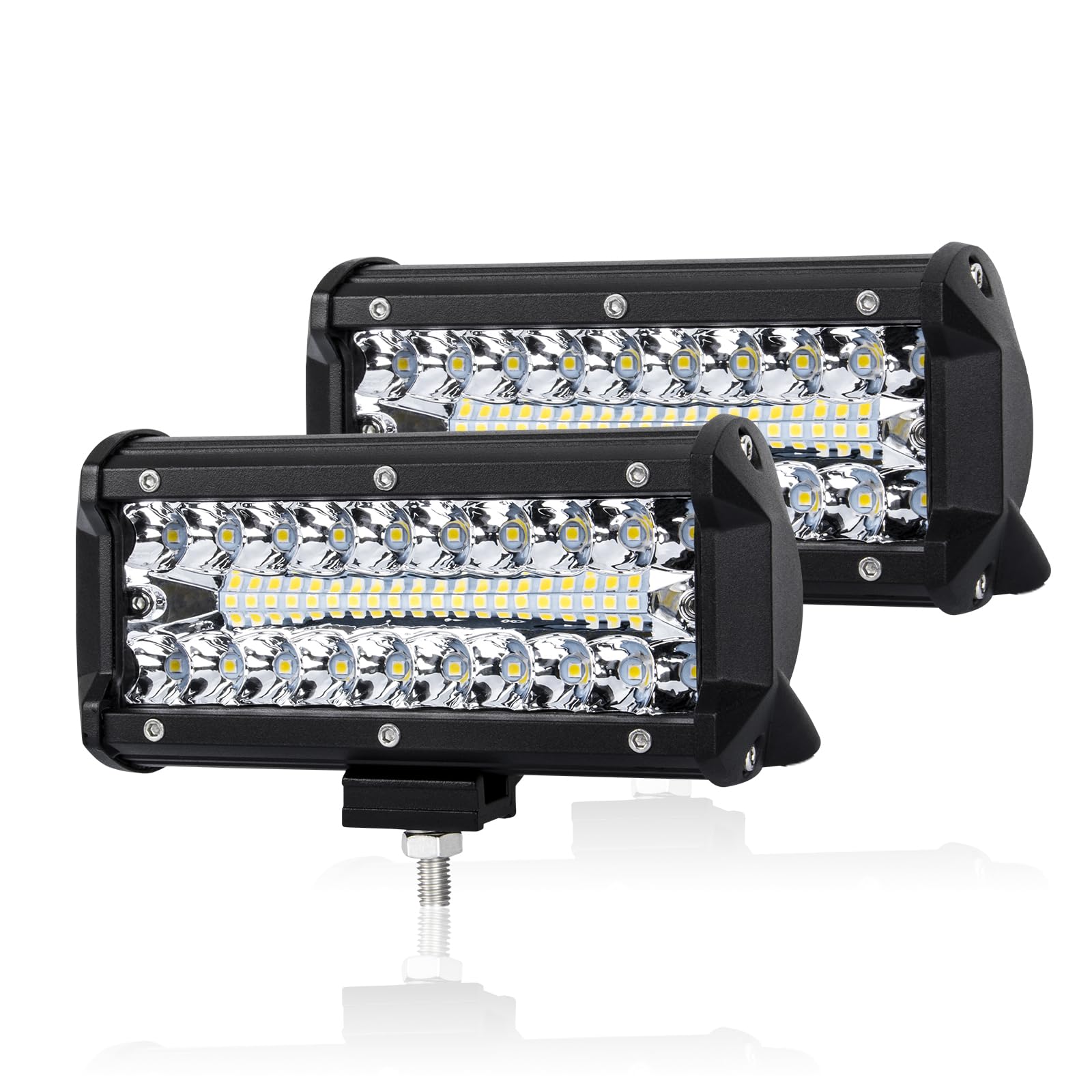 2PCS 7 Inch LED Light Bar for Truck, Boat, ATV, UTV, Marine - 24000LM IP68 Waterproof LED Pods with Spot & Flood Combo Beam - 12V Triple Row Off Road Driving Lights for Work, Camping & Emergency Use