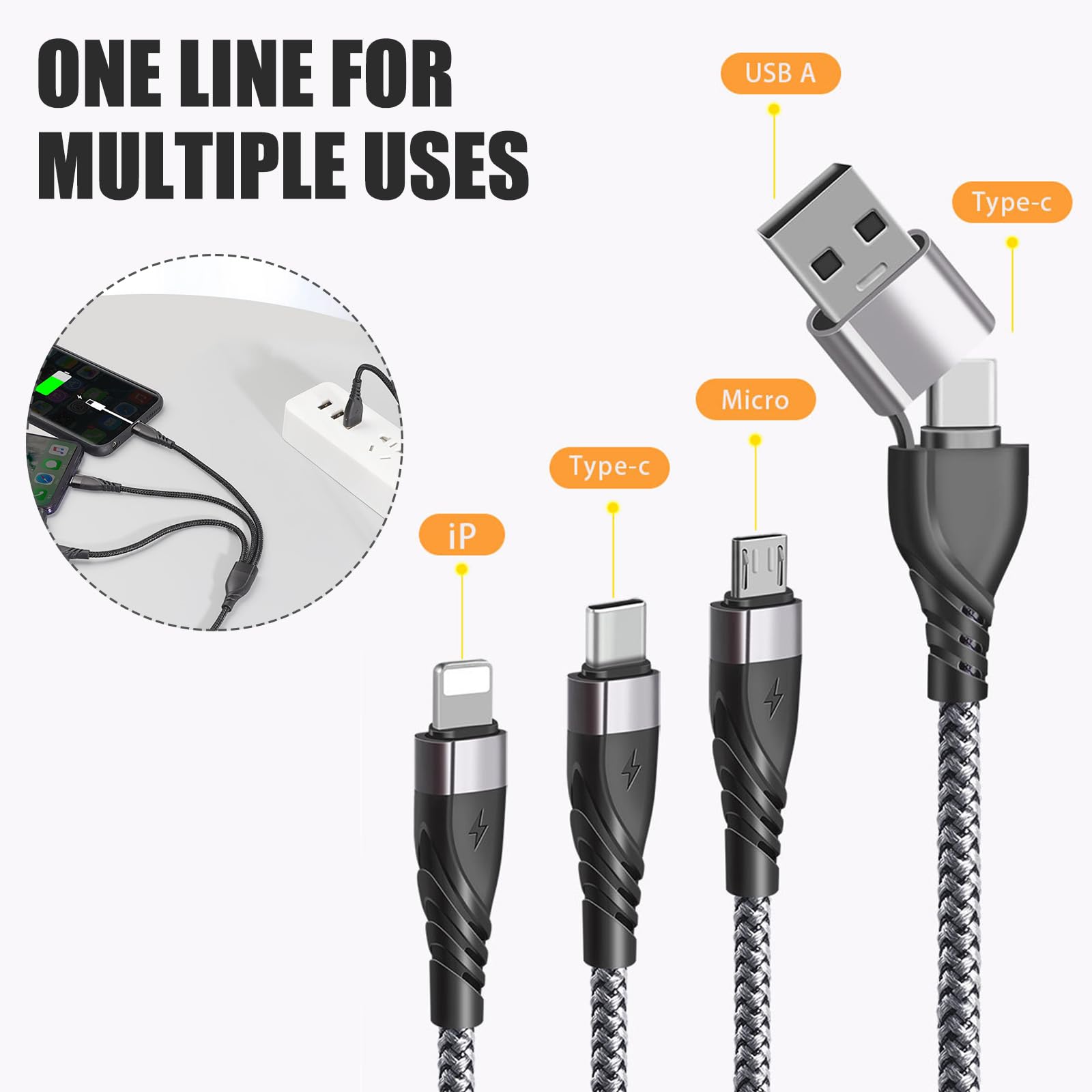 5-in-1 USB C Multi Charger Cable 1.2m Nylon Braided Fast Charging Cable - Compatible with Android, Samsung, Huawei, Nokia, LG, Kindle, PS5 - Perfect for Travel, Home & Office Use