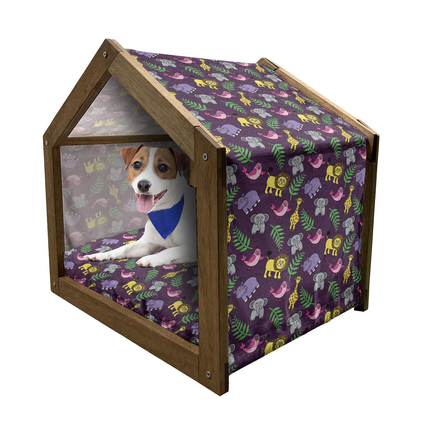 Ambesonne Funny Wooden Pet House - Cartoon Jungle Animals & Palm Leaves on Purple Savannah Theme | Indoor & Outdoor Portable Dog Kennel with Pillow & Cover | Small Multicolor Pet Bed for Dogs & Cats | Perfect for Home, Yard, or Travel Use