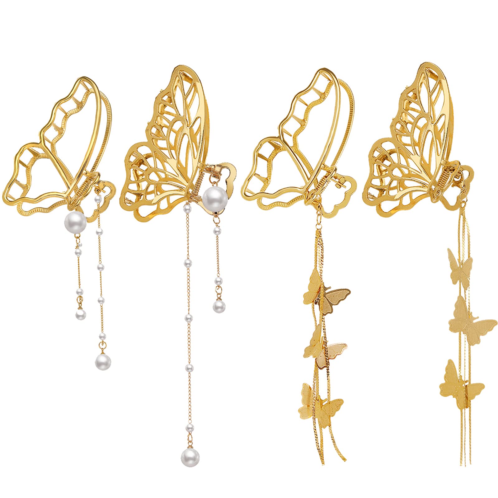 4 Pack Gold Butterfly Hair Clips with Pearl & Tassel - Non-Slip Hair Claws for Women & Girls - Perfect for Thin to Thick Hair Styling - Wedding, Party & Everyday Use