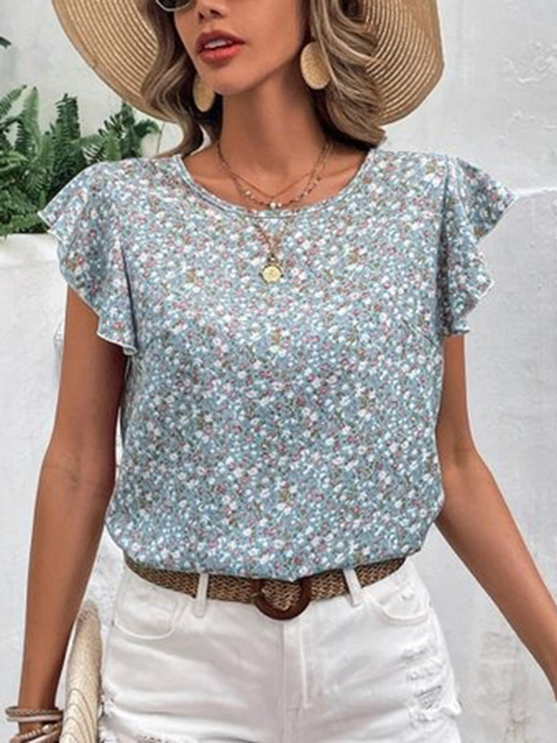 Women's Ditsy Floral Print Round Neck Cap Sleeve Blouse - Casual Summer Tops for Beach, Vacation & Everyday Wear