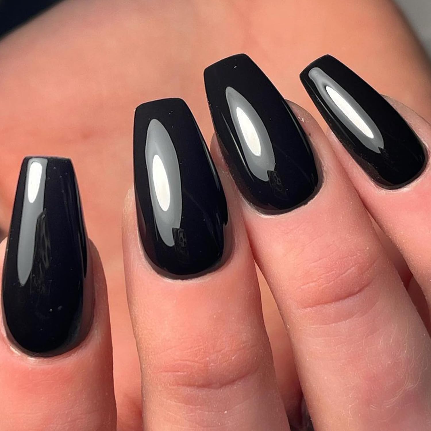 GLAMERMAID Black Press On Nails - Medium Coffin Shape, Long Fake Nails with Glossy Gel Polish | Reusable Stick on Nails Kit for Women & Girls | Perfect for Parties, Weddings & Everyday Wear