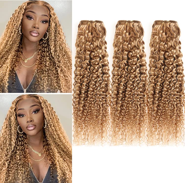 XCCOCO 300g Honey Blonde Curly Hair Extensions 3 Bundles - Brazilian Kinky Curly Human Hair Weave #27 Dark Blonde (14/16/18 Inch) | Pre-Colored Remy Hair for Natural Look & Volume | Perfect for Daily Styling, Parties & Special Occasions