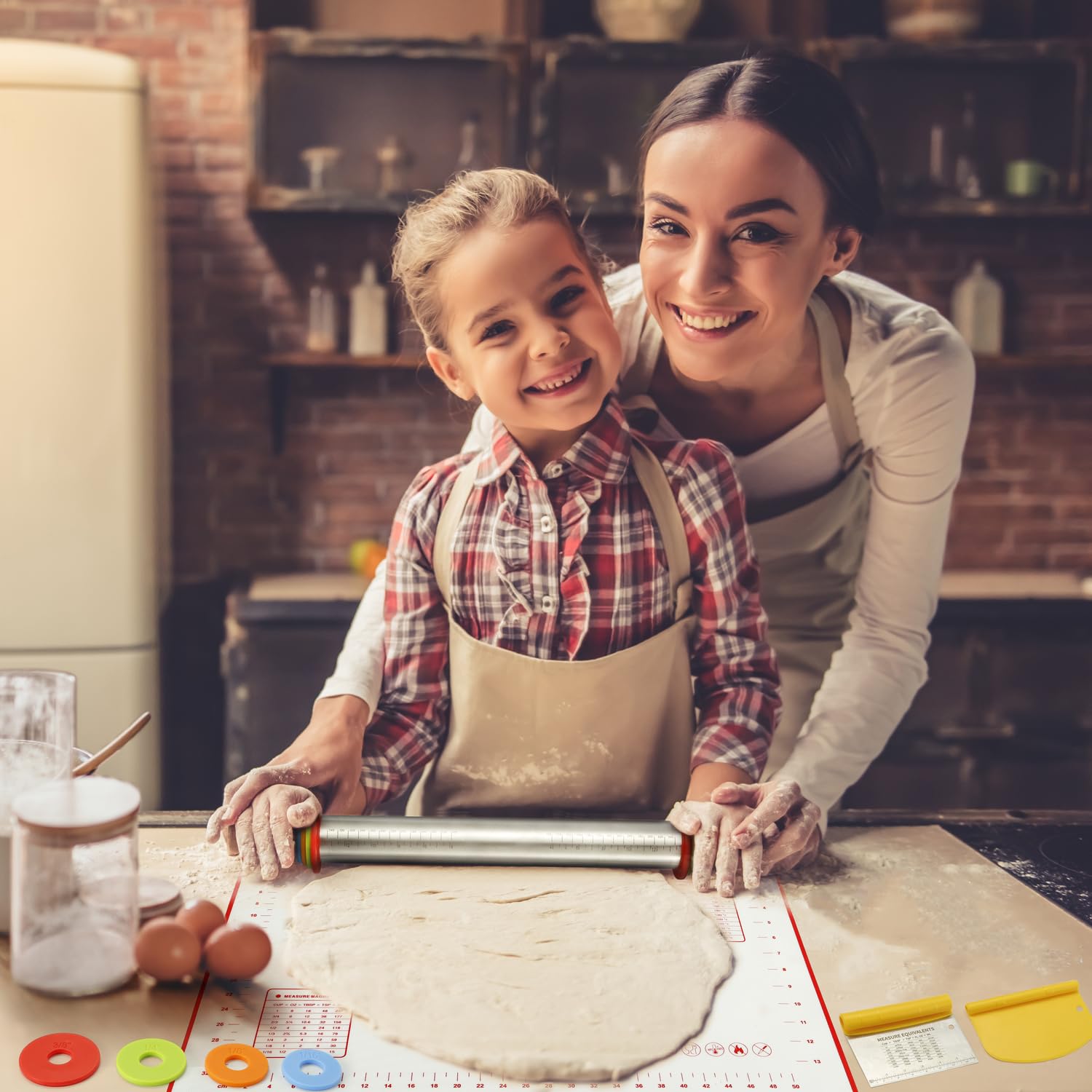 Premium Stainless Steel Rolling Pin with Thickness Rings & Silicone Baking Mat Set - Perfect for Pizza, Cookies, Pies, Pasta & Pastry Making - Essential Baking Tools for Home Chefs & Professional Bakers
