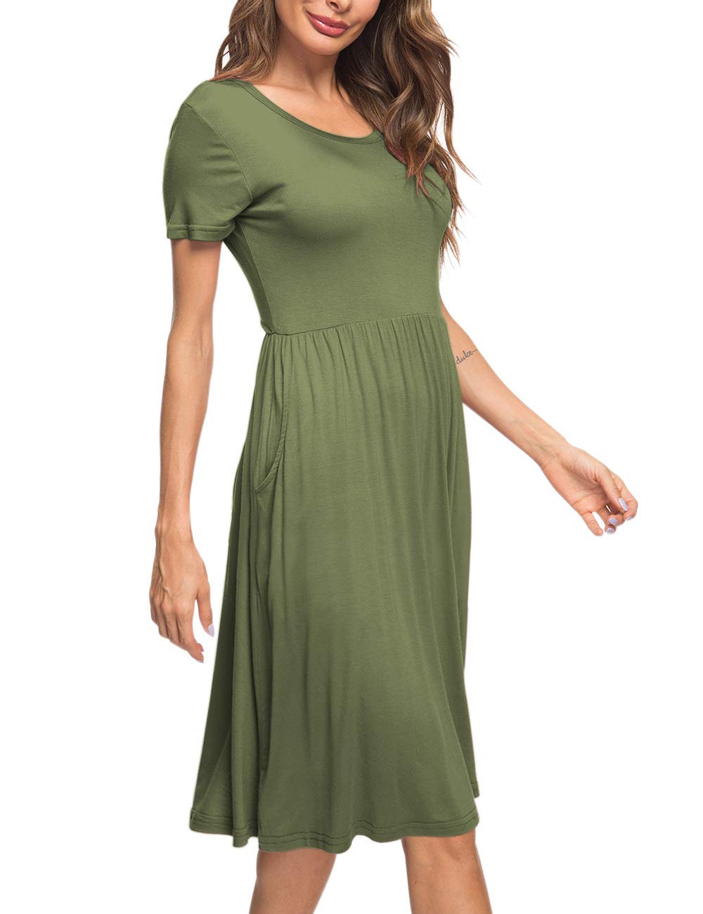 AUSELILY Women's Summer Short Sleeve Empire Waist Dress - Pleated Loose Swing Knee Length Casual Dress with Pockets | 2025 New Collection | Perfect for Beach, Vacation, and Everyday Wear