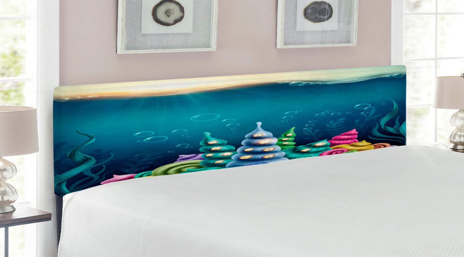 Ambesonne King Size Upholstered Metal Headboard with Memory Foam - Underwater Fantasy Ocean Theme with Shell Houses & Water Bubbles Cartoon Print, Teal Brown - Perfect for Kids' Bedrooms, Coastal Decor & Fantasy Themed Bedrooms