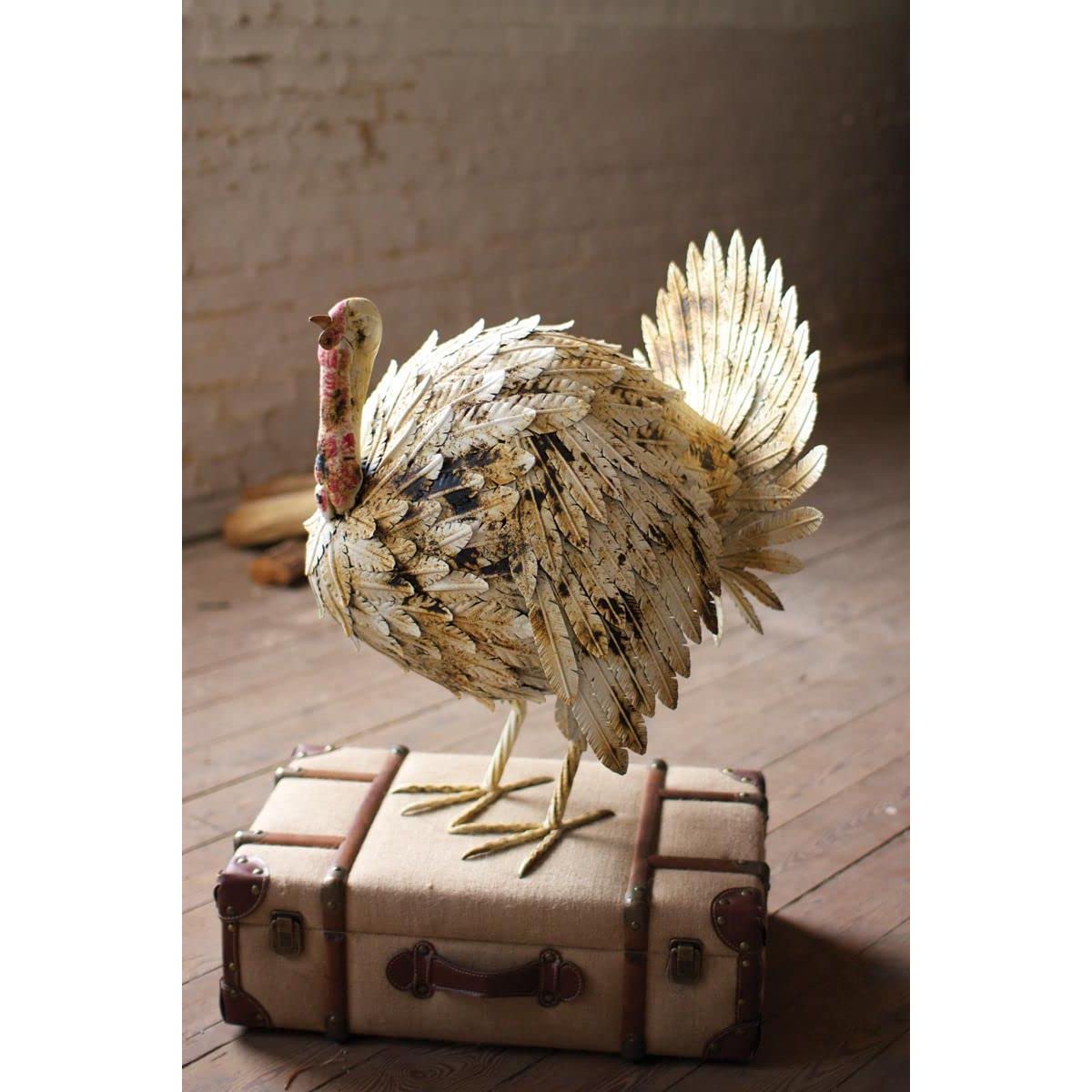 Antique White Painted Metal Turkey Decor - Rustic Farmhouse Thanksgiving Table Centerpiece for Holiday Home Decor