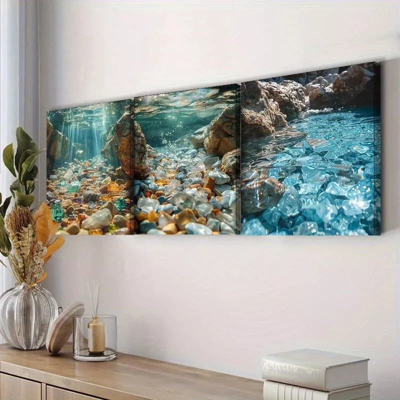 3-Piece Art Deco Modern Water Gem Theme Wall Art Set - Framed Canvas 40x60cm (16x24in) - High Quality Print - 100% Australian Made - Ready to Hang - Perfect for Living Room, Bedroom or Office Decor