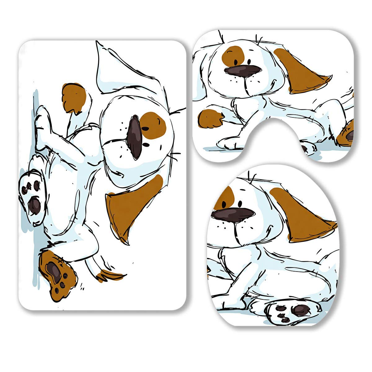 Cute Spotty Dog Cartoon Black Sketch 3-Piece Bathroom Rug Set - Non-Slip Bath Mat, Contour Mat & Toilet Lid Cover - Soft Absorbent Microfiber for Kids & Pet-Friendly Bathroom Decor