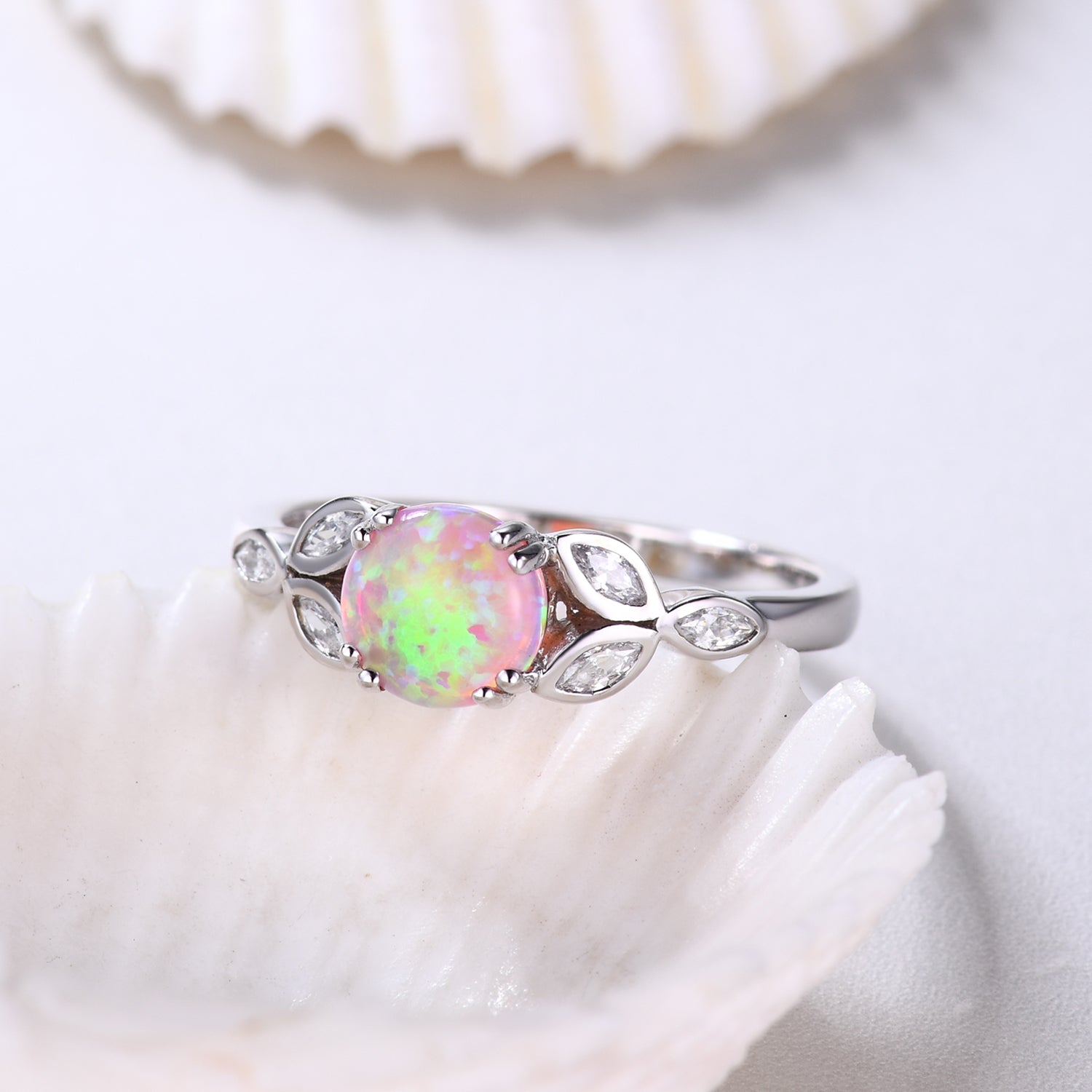 Seven Stones Pink Opal & Marquise Moissanite Engagement Ring in 14K White Gold - Perfect for Proposals, Anniversaries & Bridal Jewelry