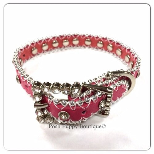 Luxury Clear Crystal & Leather Dog Collar - Hot Pink Sparkle Collar for Small Medium Large Dogs - Perfect for Weddings, Parties & Special Occasions